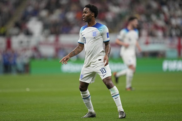 England's Raheem Sterling reacts during the World Cup group B soccer match between England and The United States, at the Al Bayt Stadium in Al Khor , Qatar, Friday, Nov. 25, 2022. (AP Photo/Abbie Parr ...