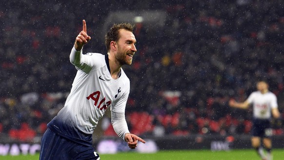 epa07233769 Tottenham&#039;s Christian Eriksen celebrates after scoring the 1-0 lead during the English Premier League soccer match between Tottenham Hotspur and Burnley FC at Wembley in London, Brita ...