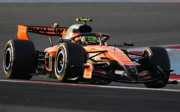 McLaren driver Lando Norris of Britain steers his car during a Formula One pre-season test at the Bahrain International Circuit in Sakhir, Bahrain, Thursday, Feb. 12, 2026. (AP Photo/Altaf Qadri)
Land ...