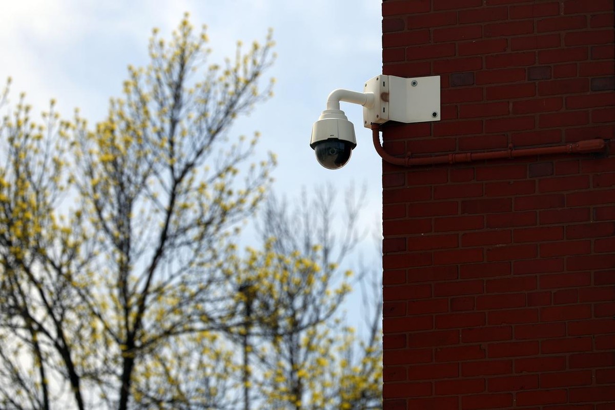 A CCTV camera on campus of Farragut Career Academy High School which recorded the video of Adam Toledo being shot by police in Chicago's Little Village neighborhood, Friday, April 16, 2021, a day ...