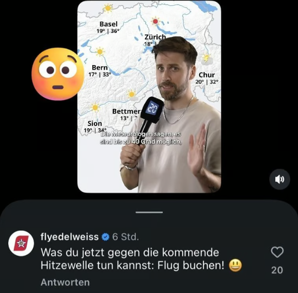 Edelweiss nutzt einen Beitrag über die aktuelle Hitzewelle für Flugwerbung.