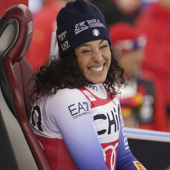 Italy&#039;s Federica Brignone reacts after completing an alpine ski, women&#039;s World Cup downhill, in Garmisch, Germany, Saturday, Jan. 25, 2025. (AP Photo/Piermarco Tacca)