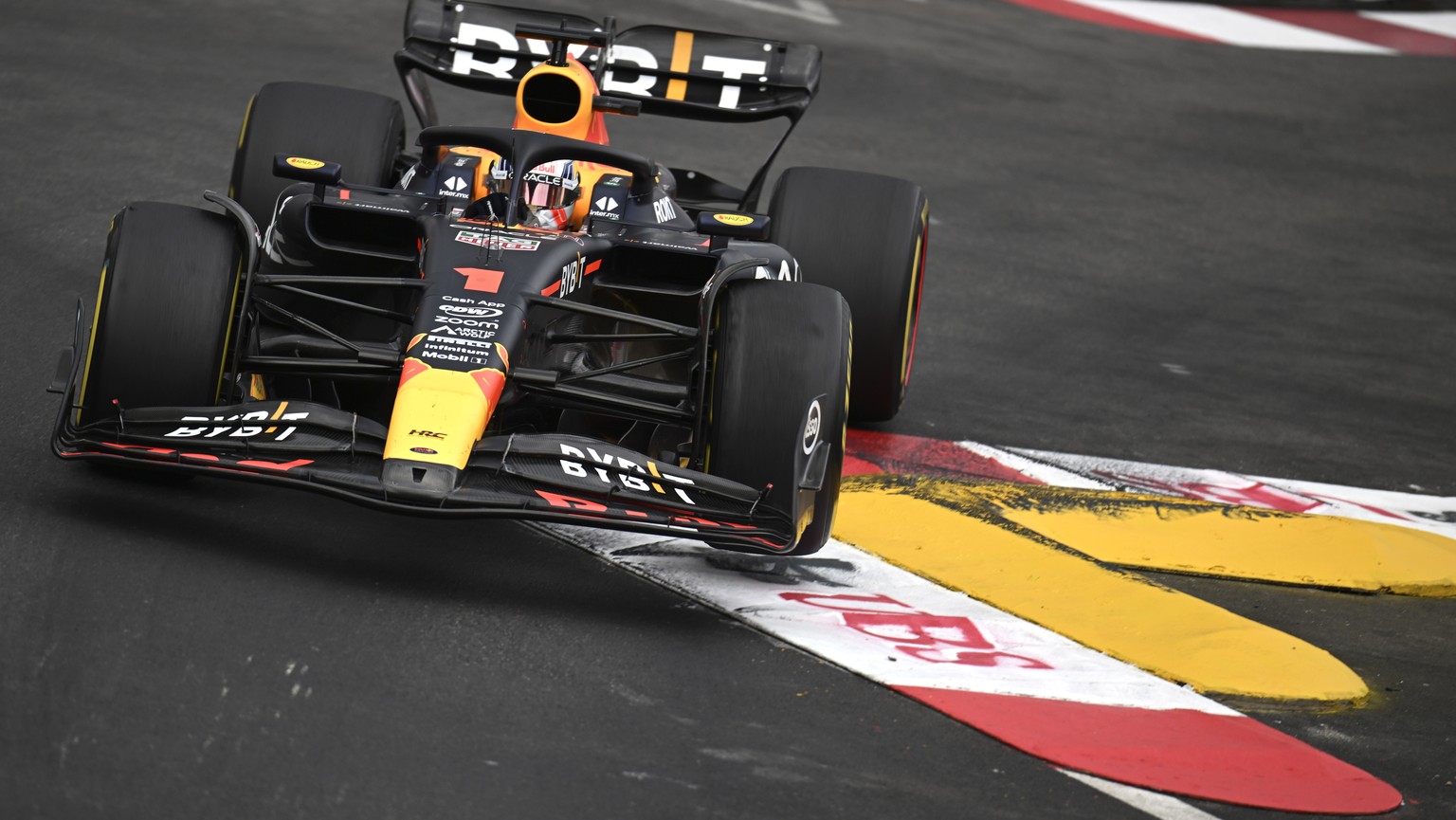 Red Bull driver Max Verstappen of the Netherlands steers his car during the Monaco Formula One race, at the Monaco racetrack, in Monaco, Sunday, May 28, 2023. (Christian Bruna/Pool Photo via AP)
