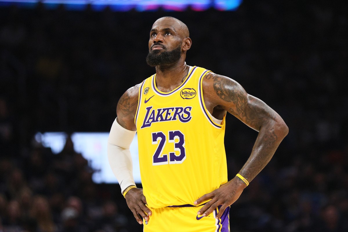 Los Angeles Lakers' LeBron James stands on the court in the second half of Game 2 in a second-round NBA basketball playoffs series against the Oklahoma City Thunder Thursday, May 7, 2026, in Okla ...
