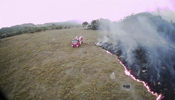 In this Aug. 20, 2019 drone photo released by the Corpo de Bombeiros de Mato Grosso, brush fires burn in Guaranta do Norte municipality, Mato Grosso state, Brazil. Brazil&#039;s National Institute for ...