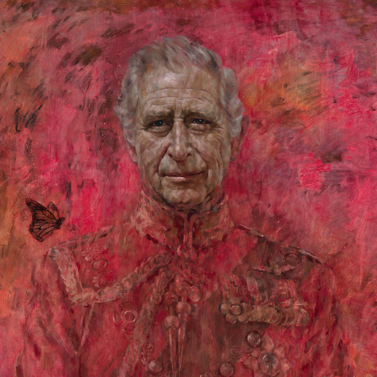 This undated photo issued on Tuesday May 14, 2024 by Buckingham Palace of artist Jonathan Yeo's oil on canvas portrait of Britain's King Charles III. The portrait was commissioned in 2020 to ...