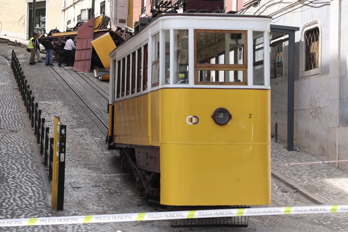 epa12351432 Criminal investigation department policemen assess the accident of the Gloria lift (funicular) in Lisbon, a popular means of transport for tourists, which derailed yesterday in Lisbon, Por ...