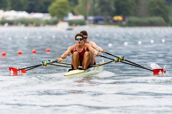Dominic Condrau, right, and Maurin Lange of Switzerland compete in the Men&#039;s Double Sculls Final D on the second day of the 2023 World Rowing Cup at Rotsee on Saturday, July 8, 2023 in Lucerne, S ...