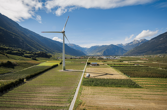 Eolienne Adonis, mercredi 25 septembre 2024 a Charrat en Valais. (KEYSTONE/Valentin Flauraud)