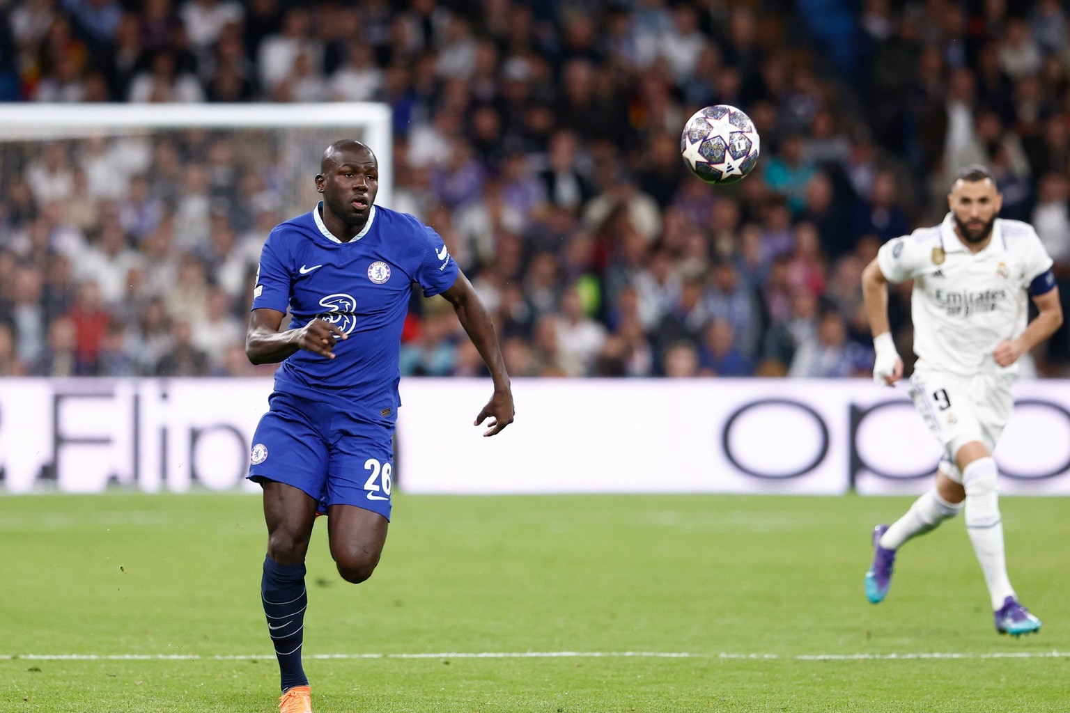 April 12, 2023, MADRID, MADRID, SPAIN: Kalidou Koulibaly of Chelsea in action during the UEFA Champions League, Quarter Finals round 1, football match between Real Madrid and Chelsea FC at Santiago Be ...