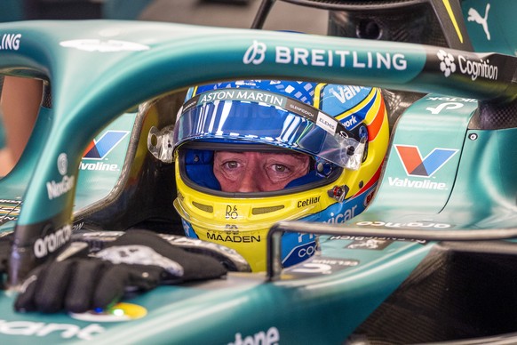 epa13033155 Spanish driver Fernando Alonso from the Aston Martin team during the second free training session for the Formula One Grand Prix of Barcelona-Catalunya, in Montmelo, Spain, 12 June 2026. T ...