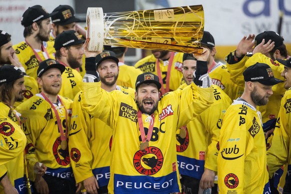 Die Berner mit Martin Pluess, Mitte, jubeln ueber den Sieg und den Titel des Eishockey Schweizermeisters nach dem sechsten Eishockey Playoff Finalspiel der National League A zwischen dem EV Zug und de ...