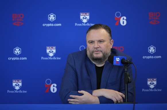 Philadelphia 76ers&#039; Daryl Morey speaks during a news conference at the NBA basketball team&#039;s training facility, Wednesday, May 17, 2023, in Camden, N.J. (AP Photo/Matt Slocum)