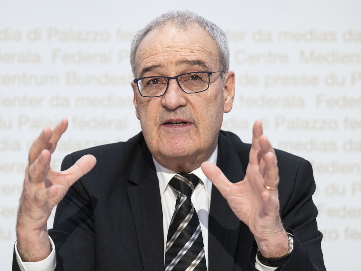 Bundespraesident Guy Parmelin spricht an einer Medienkoferenz zur Agrarpolitik 2030+ (AP30+), am Mittwoch, 18. Februar 2026, in Bern. (KEYSTONE/Peter Schneider)