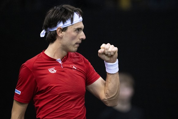 Switzerland?s Marc-Andrea Huesler reacts against Germany?s Oscar Otte, during the tennis Davis Cup qualifiers match for the 2023 group stage between Germany and Switzerland, on Friday, February 03, 20 ...