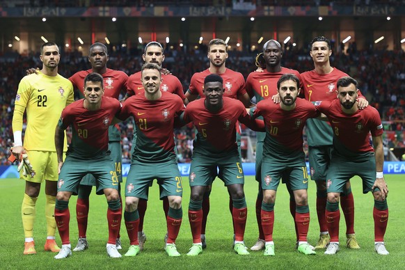 Portugal soccer team pose prior to the start of the UEFA Nations League soccer match between Portugal and Spain at the Municipal Stadium in Braga, Portugal, Tuesday, Sept. 27, 2022. (AP Photo/Luis Vie ...