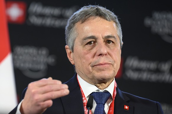 epa11845021 Swiss Foreign Minister Ignazio Cassis speaks during a press conference at the House of Switzerland, on the sidelines of the 55th annual meeting of the World Economic Forum (WEF) in Davos,  ...