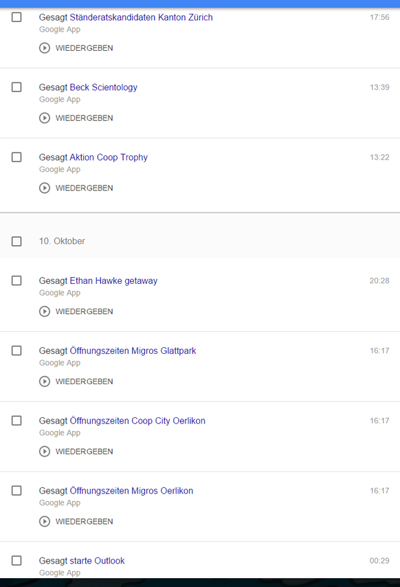 Auf Google History werden alle Sprachanfragen archiviert. Per Klick auf «Wiedergeben» kann man sie nochmals anhören. Die Aufnahmen können dort auch gelöscht werden.