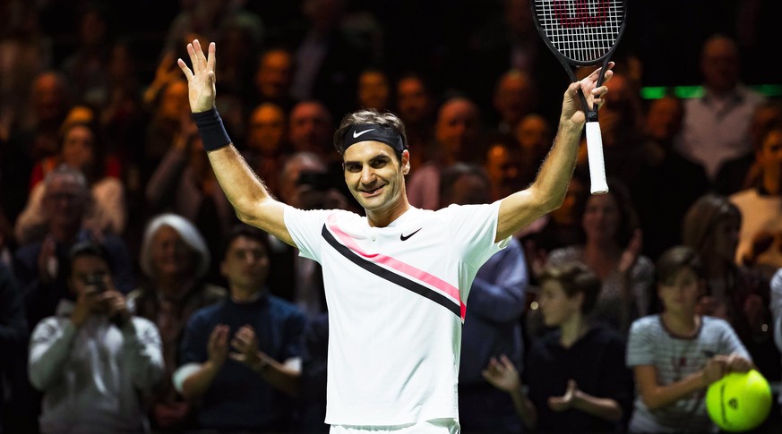 epa06537497 Roger Federer of Switzerland celebrates after defeating Andreas Seppi of Italy in their semi final match of the ABN Amro World Tennis Tournament in Rotterdam, Netherlands, 17 February 2018 ...