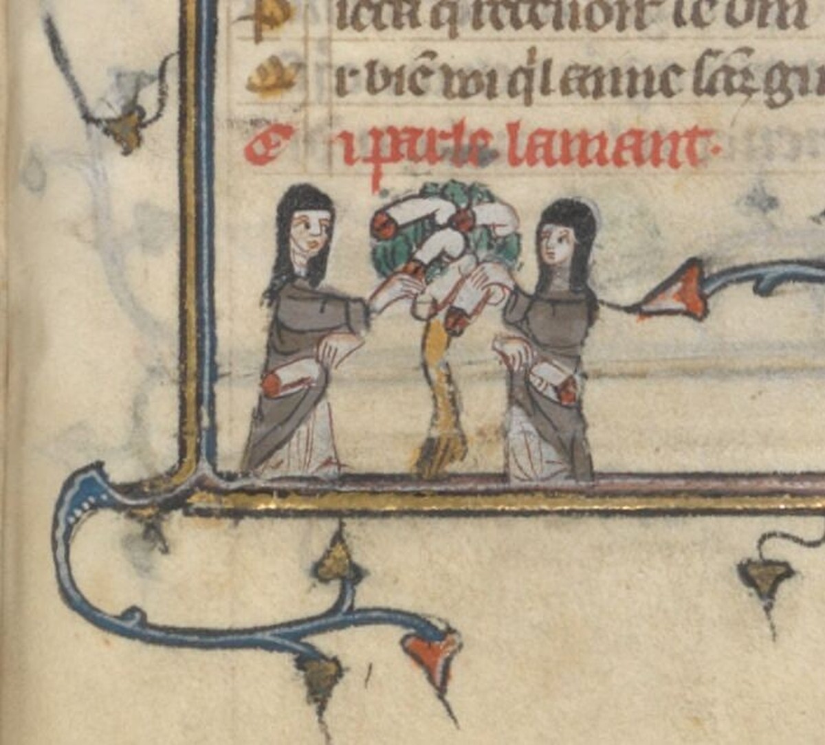 Phalluspflückende Nonnen in den Marginalien des «Rosenromans» aus dem 13. Jahrhundert.
https://gallica.bnf.fr/ark:/12148/btv1b6000369q/f325.item.zoom#