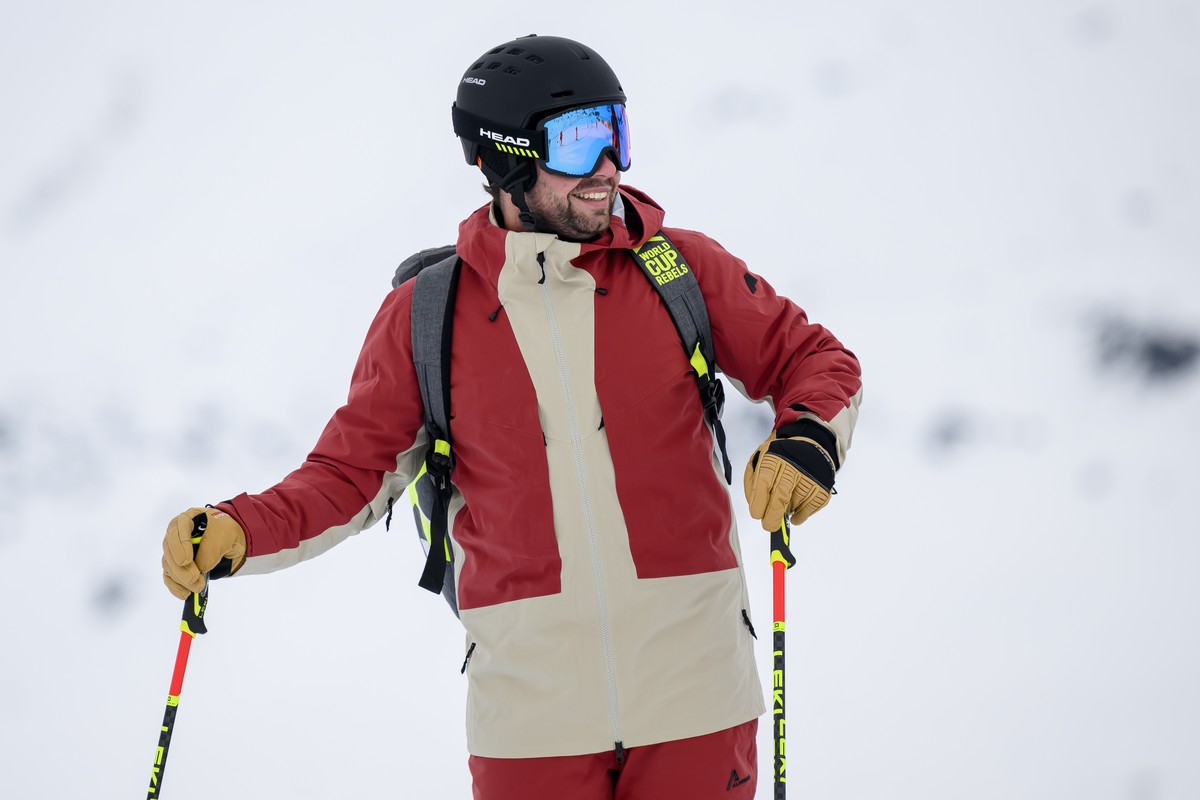 Beat Feuz former ski racer of Switzerland and consultant for Swiss TV SRF, inspects the slope before the men's downhill training race on the new ski course "Gran Becca" at the Alpine Sk ...