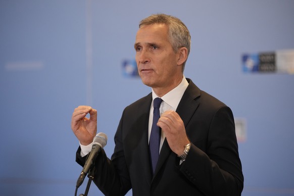 NATO Secretary-General Jens Stoltenberg delivers his speech as he arrives for the first day of the meeting of NATO Ministers of Foreign Affairs in Bucharest, Romania, Tuesday, Nov. 29, 2022. (AP Photo ...