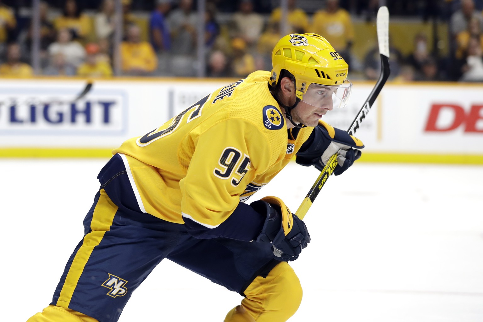 Nashville Predators center Matt Duchene plays against the Tampa Bay Lightning during the second period of an NHL preseason hockey game Saturday, Sept. 21, 2019, in Nashville, Tenn. Duchene was signed  ...