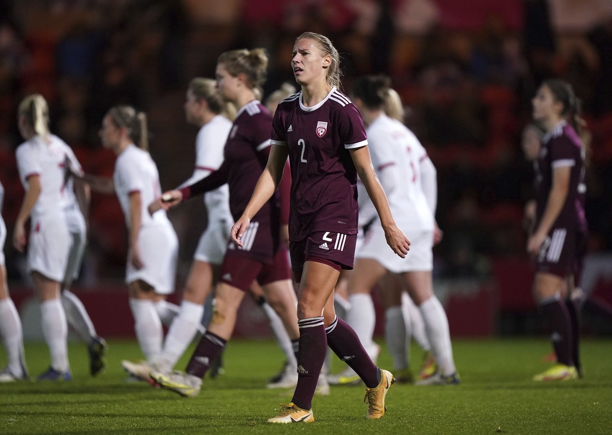 Latvia's Ligita Tumane looks dejected as England score their twentieth goal during the Women's FIFA World Cup Qualifying - Group D soccer match between England and Latvia at the Keepmoat Sta ...