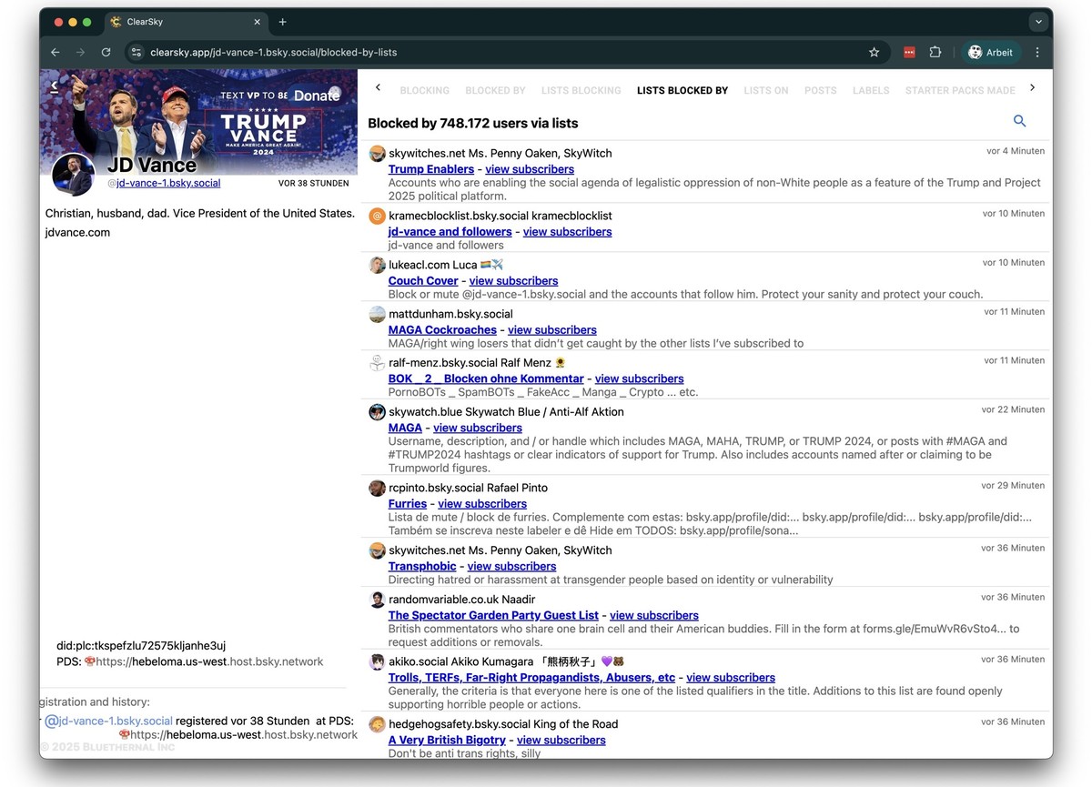 JD Vance landet bei Bluesky auf zahlreichen Block-Listen und wird von hunderttausenden Usern (20. Juni 2025)