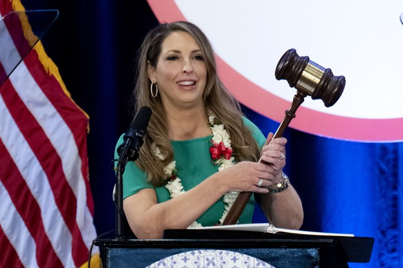 FILE - Republican National Committee Chair Ronna McDaniel holds a gavel while speaking at the committee&#039;s winter meeting in Dana Point, Calif., Jan. 27, 2023. McDaniel has discussed leaving her r ...