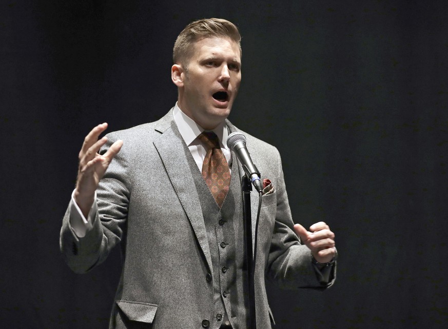 FILE - In this Oct. 19, 2017, file photo, white nationalist Richard Spencer speaks at the University of Florida in Gainesville, Fla. Spencer blames his notoriety for his failure to pay a lawyer to def ...