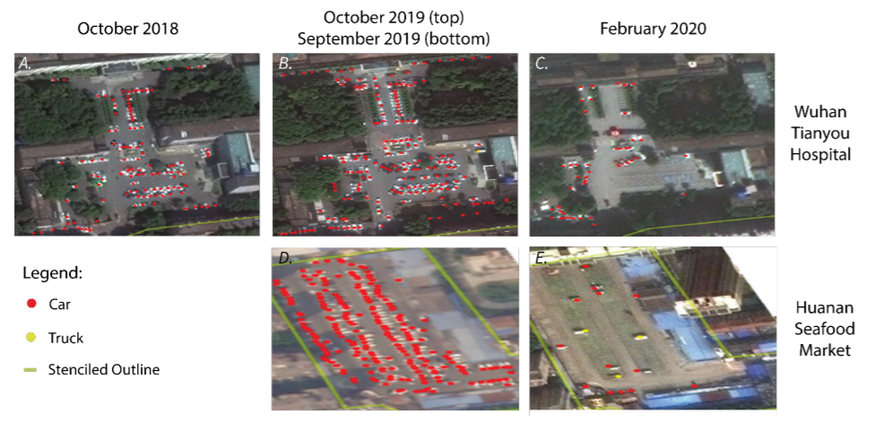 Satellitenbilder zeigen die Anzahl der Autos (rot) und Lastwagen (gelb) auf den Parkplätzen vom Tianyou-Spital und dem Fischmarkt in in Wuhan, China.