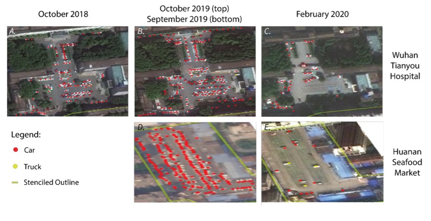 Satellitenbilder zeigen die Anzahl der Autos (rot) und Lastwagen (gelb) auf den Parkplätzen vom Tianyou-Spital und dem Fischmarkt in in Wuhan, China.