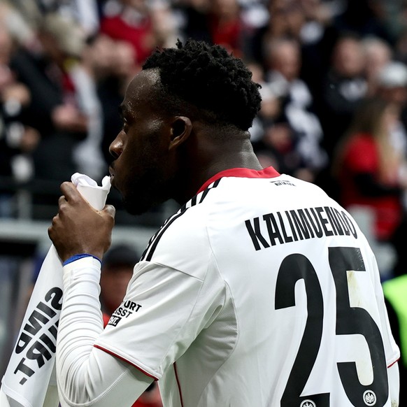 epa12870831 Arnaud Kalimuendo of Frankfurt celebrates after scoring the 2-0 goal during the German Bundesliga soccer match between Eintracht Frankfurt and 1. FC Cologne in Frankfurt, Germany, 05 April ...