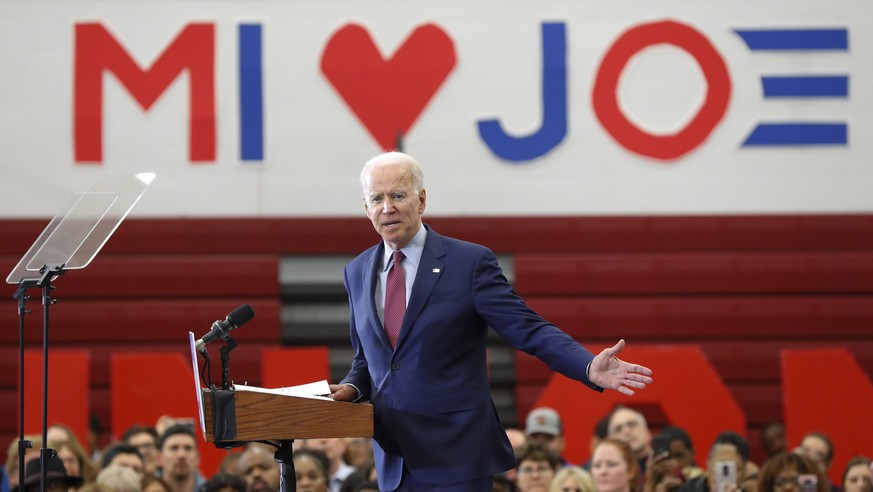 Democratic presidential candidate former Vice President Joe Biden speaks during a campaign rally at Renaissance High School in Detroit, Monday, March 9, 2020. (AP Photo/Paul Sancya)
Joe Biden