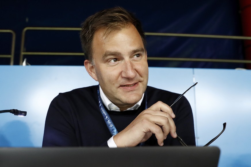 Sascha Ruefer, Swiss sports moderator for the Swiss TV SRF, looks on prior to the 2018 Fifa World Cup Russia group B qualification soccer match between Switzerland and Hungary in the St. Jakob-Park st ...