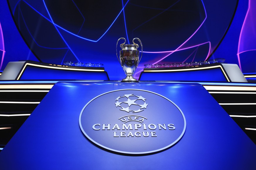 The trophy is placed on display for the photographers before the soccer Champions League draw in Istanbul, Turkey, Thursday, Aug. 26, 2021. (AP Photo/Emrah Gurel)
