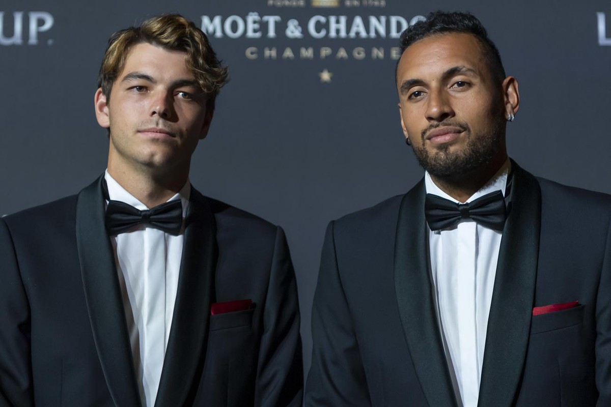 Team world's Taylor Fritz, left, and Nick Kyrgios, right, poses for photograph on the red carpet at Gala night, during the Laver Cup in Geneva, Switzerland, Thursday, September 19, 2019. The comp ...