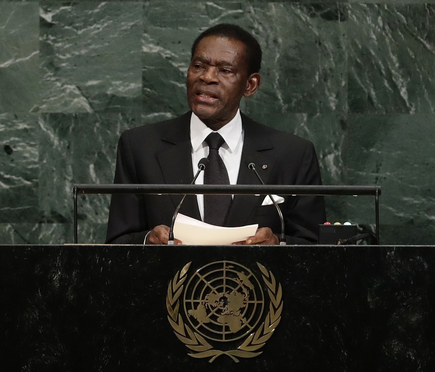 Equatorial Guinea President Teodoro Obiang Nguema Mbasogo addresses the United Nations General Assembly Thursday, Sept. 21, 2017, at the United Nations headquarters. (AP Photo/Frank Franklin II)