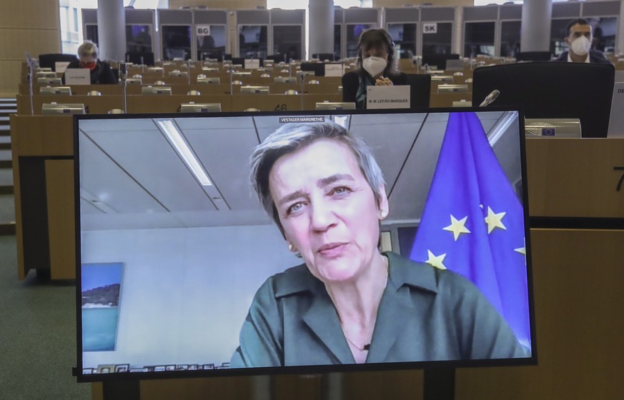 epa09031123 European Executive Vice-President Margrethe Vestager on screen during hearing by European Parliament Committee on the Internal Market and Consumer Protection in Brussels, Belgium, 23 Febru ...