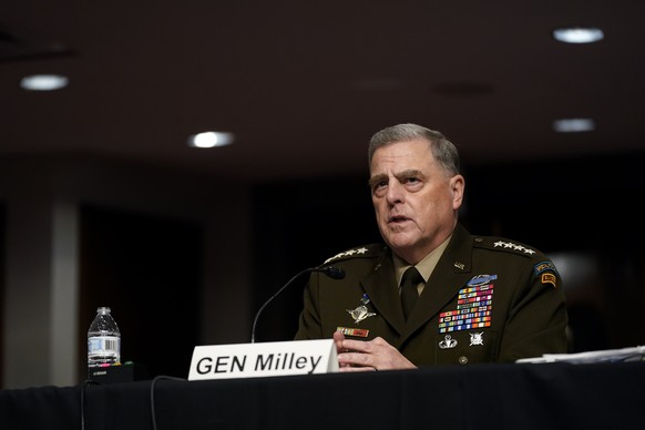 epa09493893 Chairman of the Joint Chiefs of Staff Gen. Mark Milley speaks during a Senate Armed Services Committee hearing on the conclusion of military operations in Afghanistan and plans for future  ...