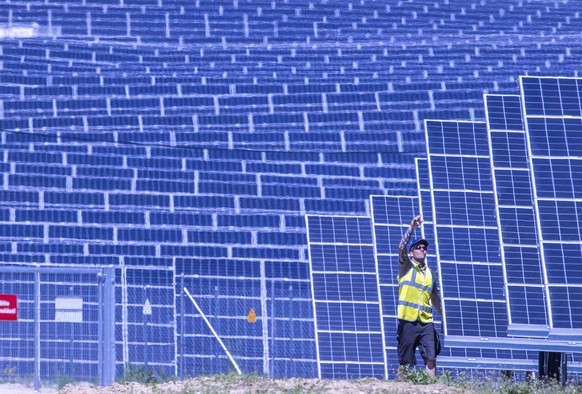 A fitter checks the cable connection on a solar panel in the photovoltaic park of the Enerparc company, which is officially starting into operation in Gaarz, Germany, Monday, May 31, 2021. The photovo ...