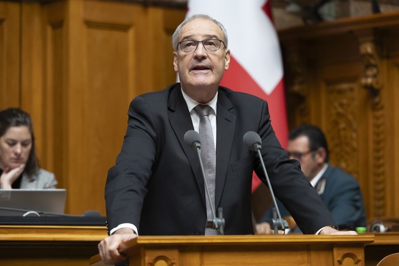 Bundesrat Guy Parmelin spricht waehrend der Herbstsession der Eidgenoessischen Raete, am Donnerstag, 26. September 2024, in Bern. (KEYSTONE/Peter Klaunzer)
