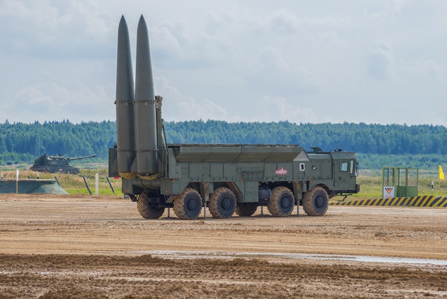 ALABINO, RUSSIA - AUGUST 25, 2020: Iskander -russian tactical missile system in combat position. Fragment of the demonstration program of the international military forum Army-2020 xkwx army, army-202 ...