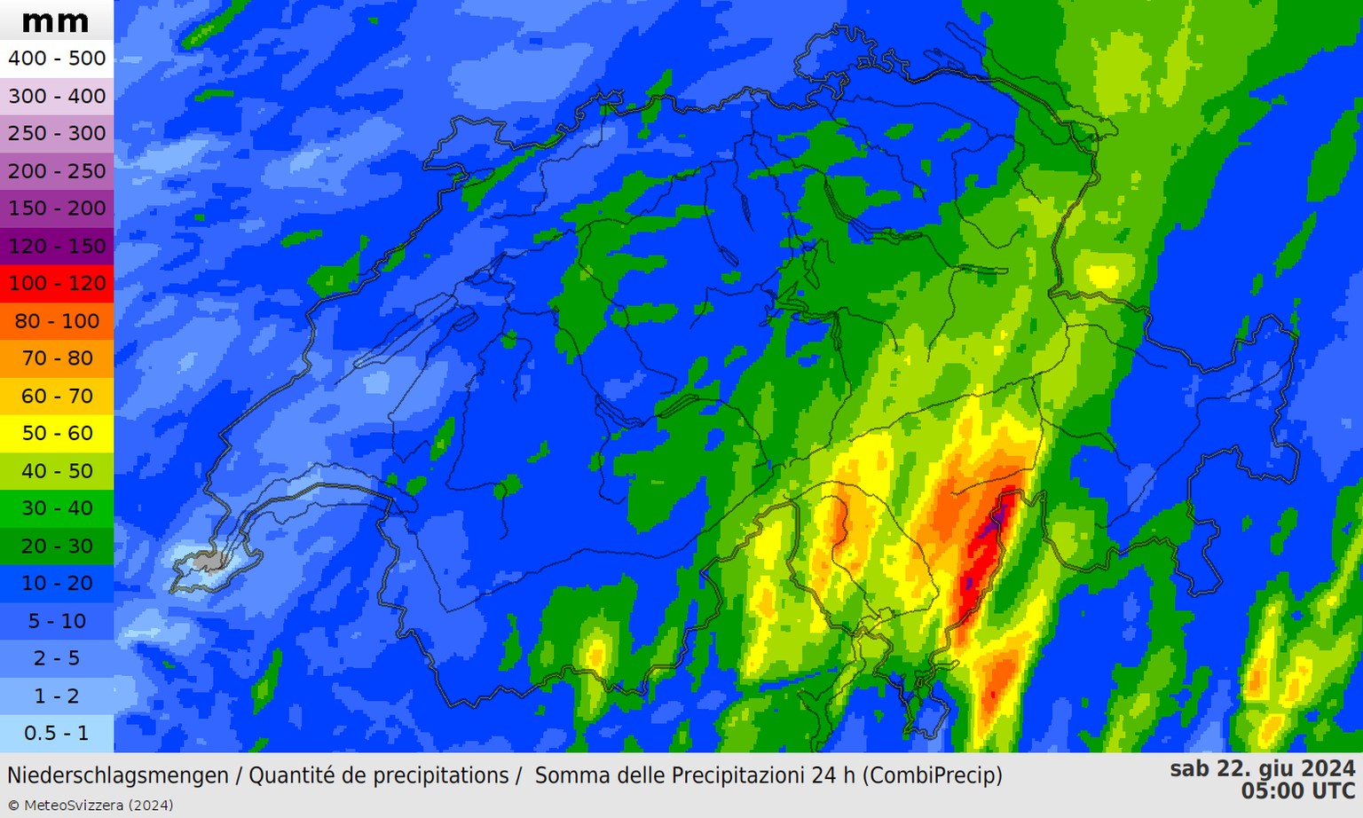 Geschätzter Niederschlag zwischen 21. Juni (8 Uhr) und 22. Juni (8 Uhr).
https://www.meteoschweiz.admin.ch/ueber-uns/meteoschweiz-blog/de/2024/06/unwetter-gewitter-sueden.html