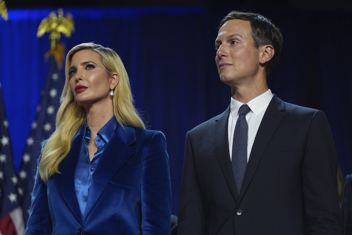 Ivanka Trump and Jared Kushner listen as Republican presidential nominee former President Donald Trump attends an election night watch party at the Palm Beach Convention Center, Wednesday, Nov. 6, 202 ...