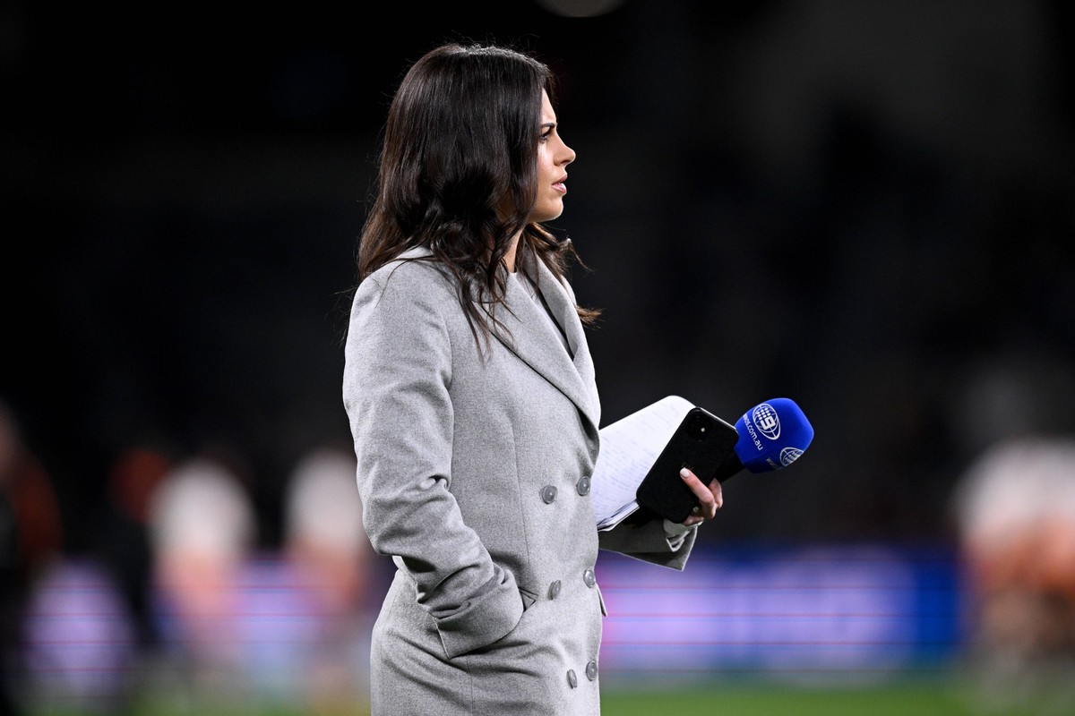 NRL TIGERS SHARKS, Danika Mason of Channel Nine during the warm up ahead of the Round 19 NRL match between the Wests Tigers and the Cronulla-Sutherland Sharks at CommBank Stadium in Sydney, Thursday,  ...
