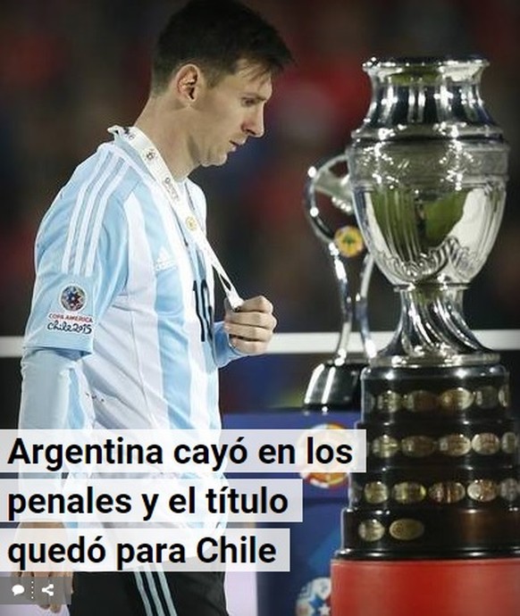 Berichterstattung muss auch bei Niederlagen sein. Die argentinische «Clarin» ganz nüchtern: «Argentinien verliert den Titel im Elfmeterschiessen an Chile.»