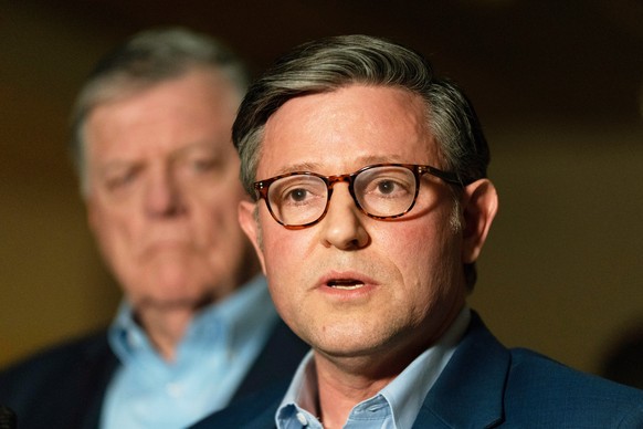 House Speaker Mike Johnson of La., speaks to reporters following a House and Senate Intelligence Committee briefing about the Iran war at the Capitol in Washington, Monday, March 2, 2026. (AP Photo/Ma ...