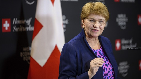 Swiss Federal President Viola Amherd speaks during a press conference at the House of Switzerland, on the sideline of the 54th annual meeting of the World Economic Forum, WEF, in Davos, Switzerland, T ...